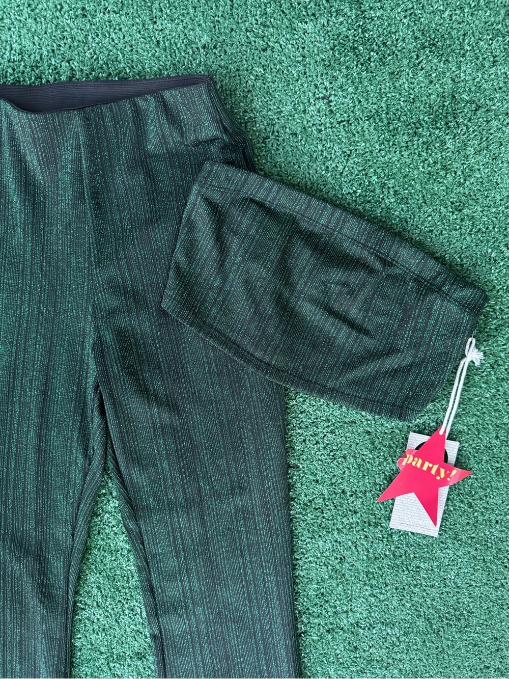 NWT Dark Green Metallic Lurex Ripped Flare Pants & Tube Top Matching Set XS - Picture 2 of 7